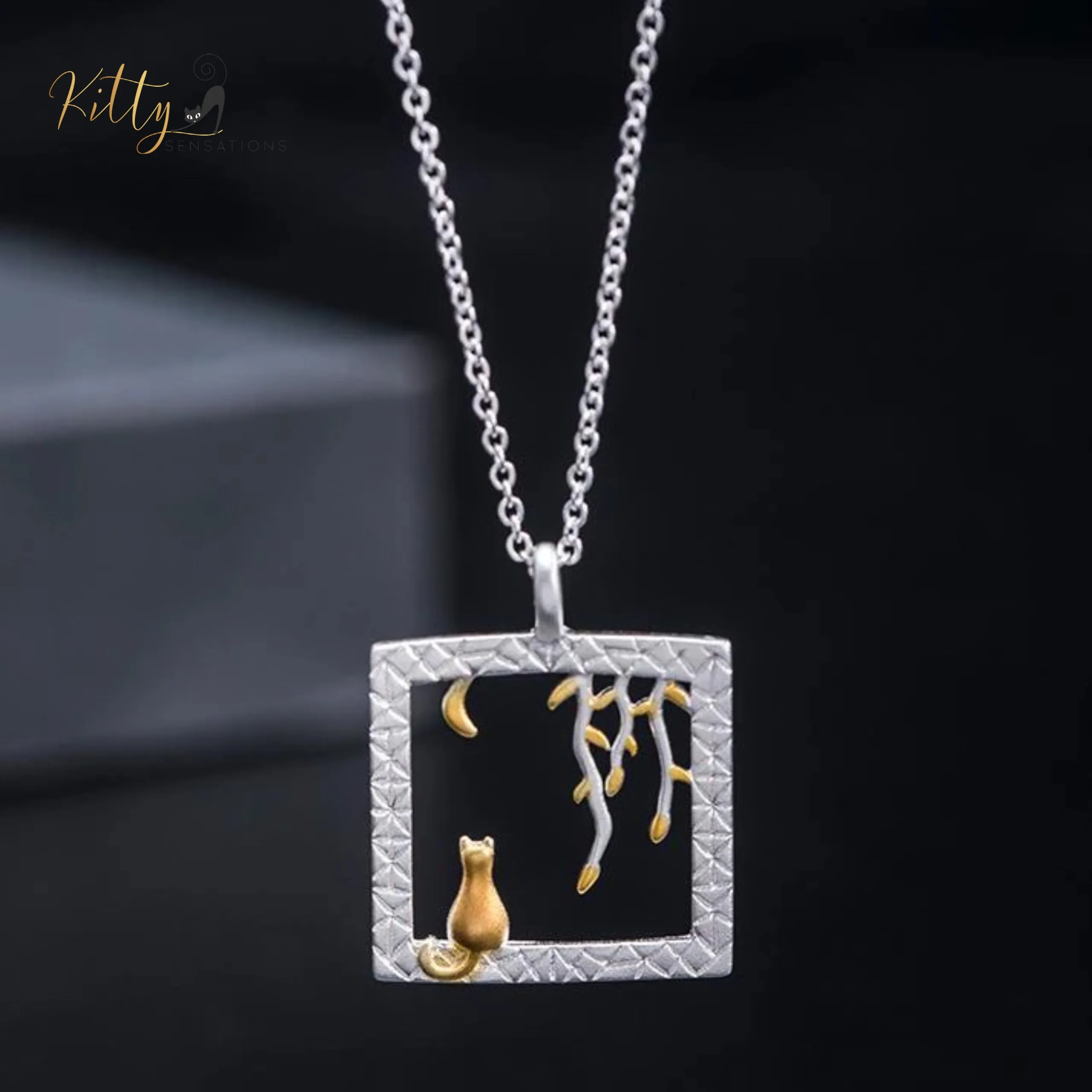 Golden-Moon-Kitty-in-Silver-Square Necklace in Solid 925 Sterling Silver (18K Gold Plated)