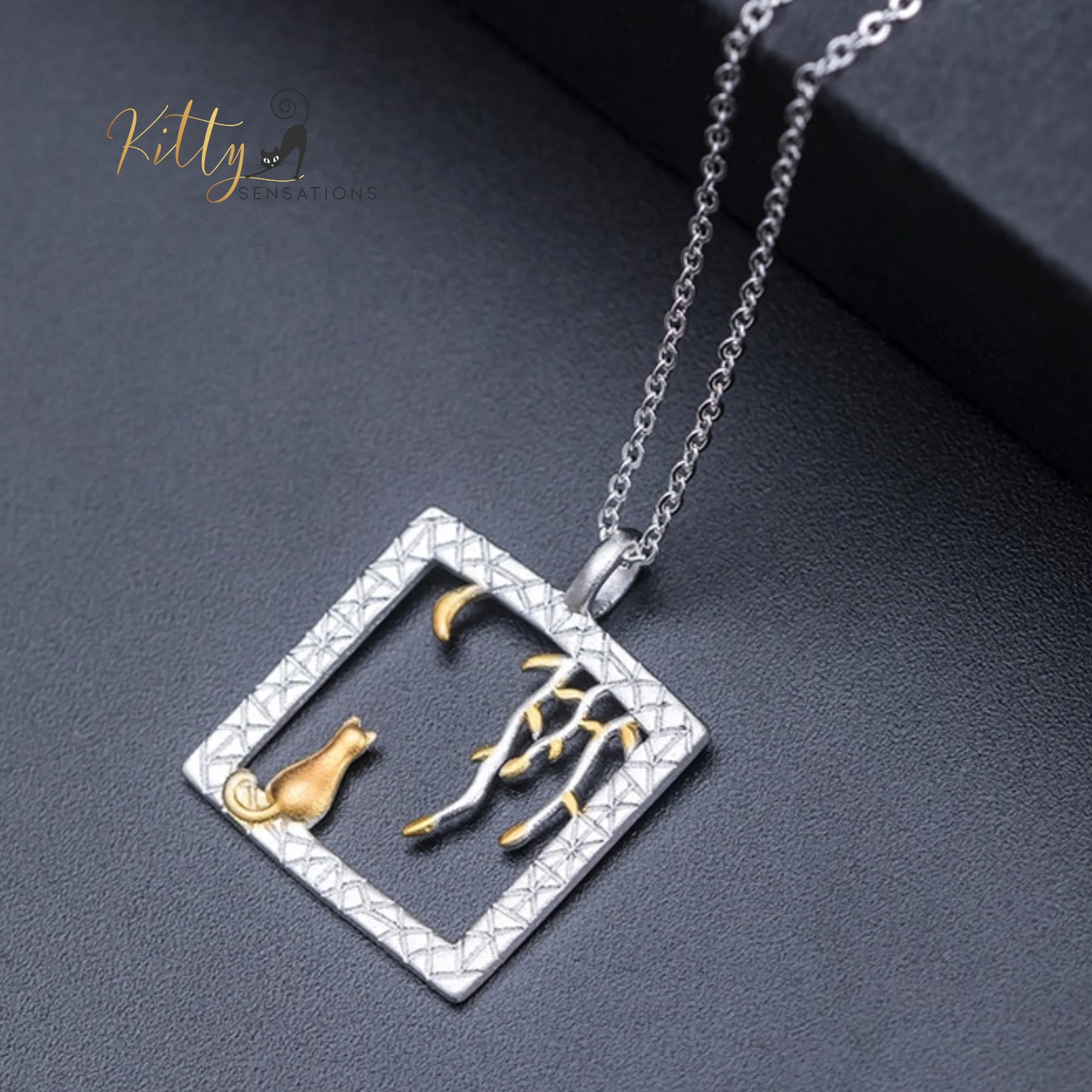 Golden-Moon-Kitty-in-Silver-Square Necklace in Solid 925 Sterling Silver (18K Gold Plated)