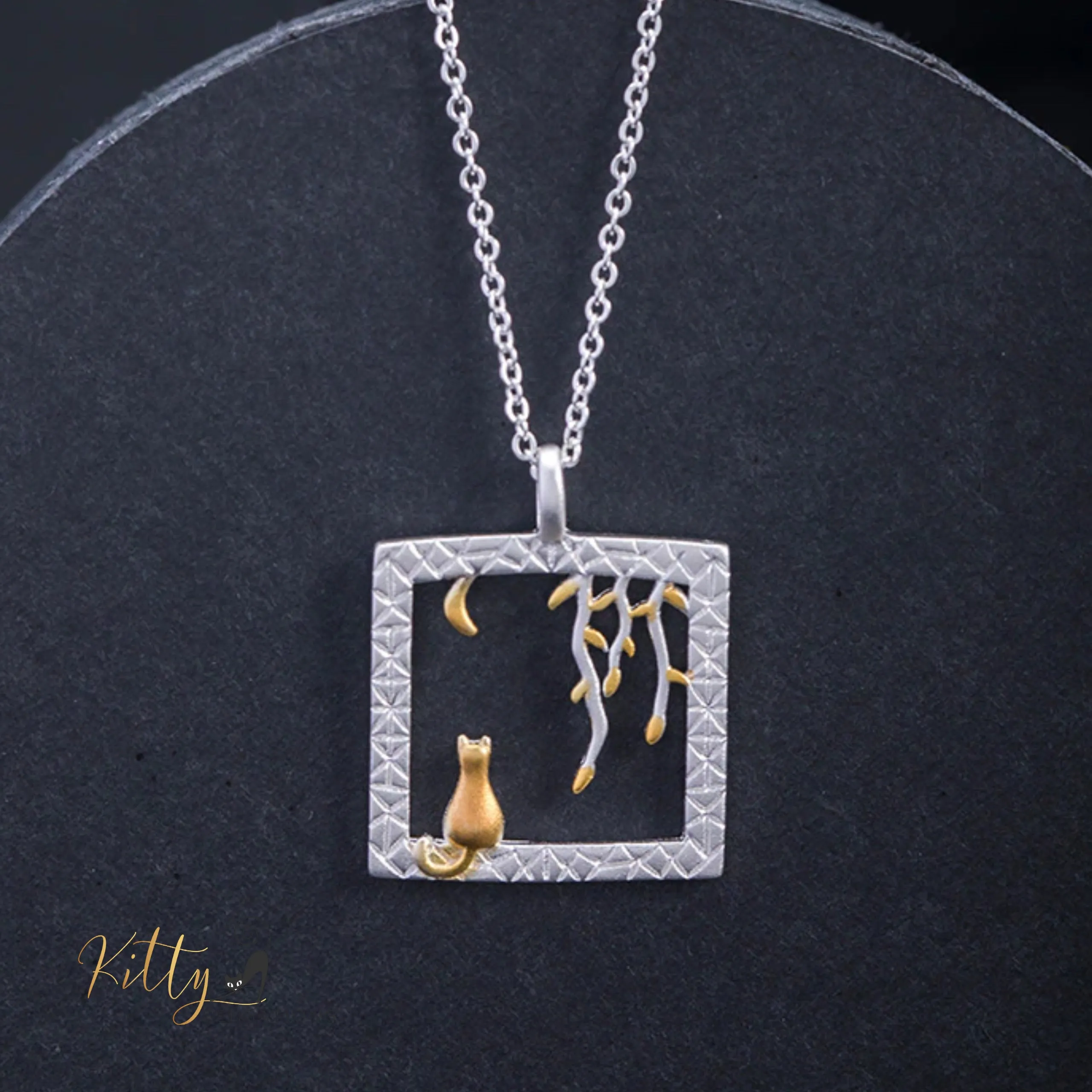 Golden-Moon-Kitty-in-Silver-Square Necklace in Solid 925 Sterling Silver (18K Gold Plated)