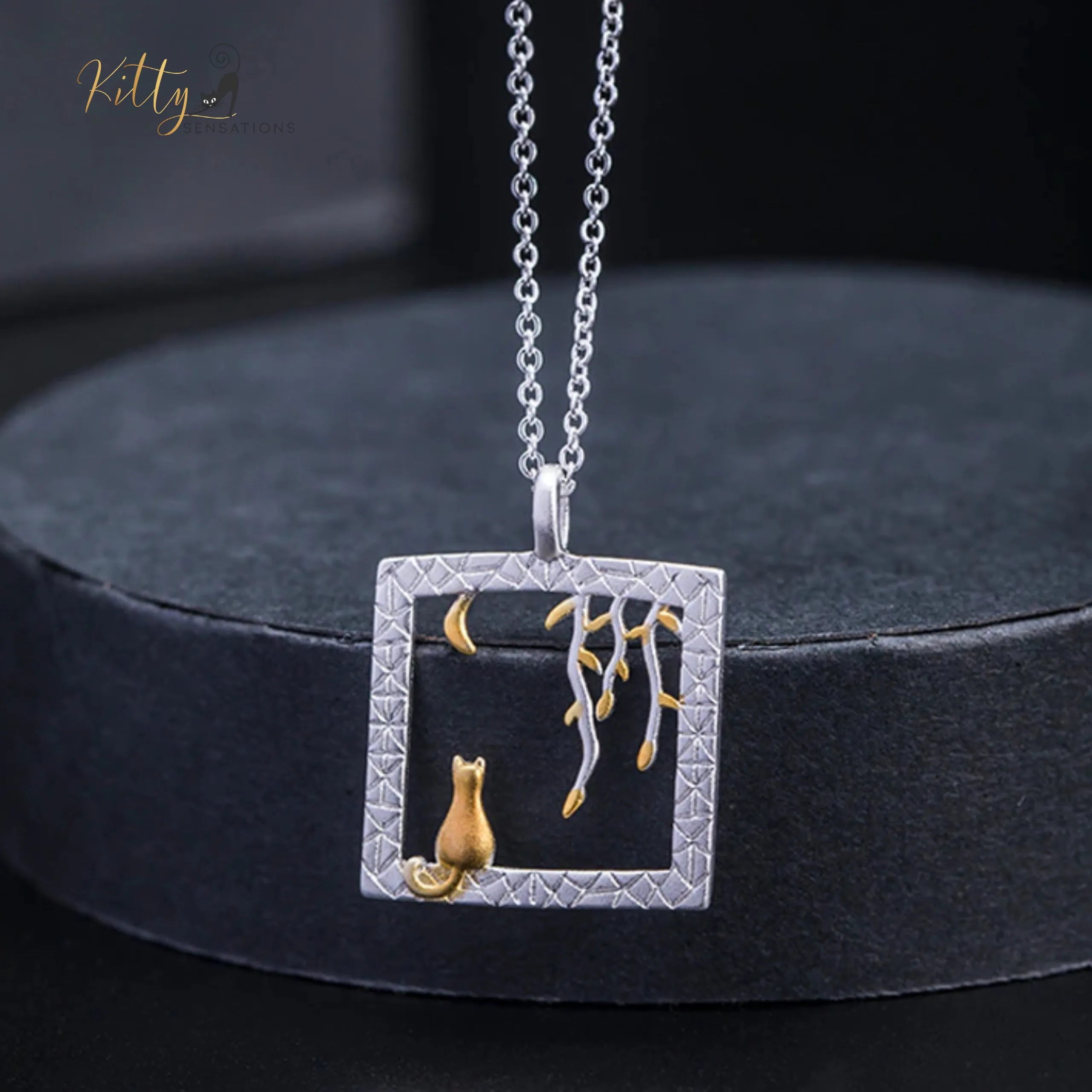 Golden-Moon-Kitty-in-Silver-Square Necklace in Solid 925 Sterling Silver (18K Gold Plated)