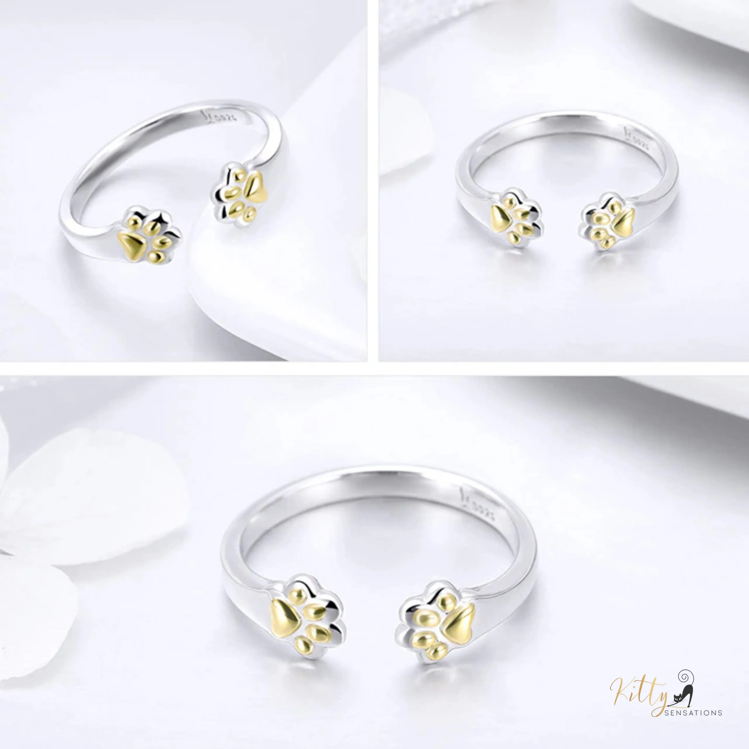 Golden Paws Cat Ring in Solid 925 Sterling Silver (Platinum and Gold Plated) - Adjustable Size