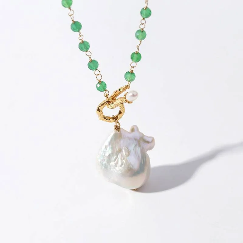 Green Agate Chain Large Baroque Pearl Necklace