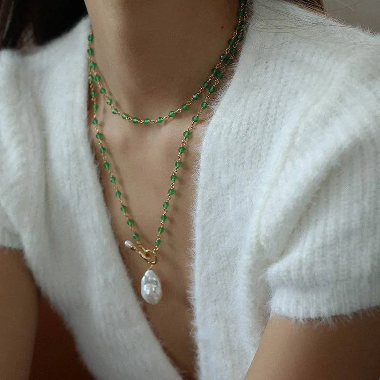 Green Agate Chain Large Baroque Pearl Necklace