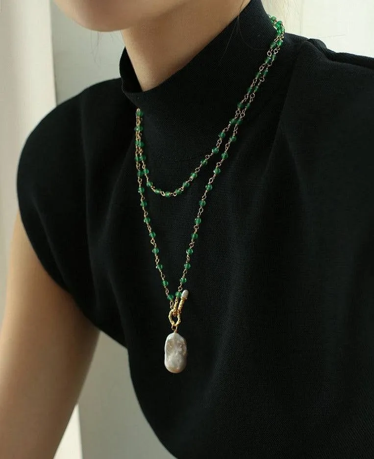 Green Agate Chain Large Baroque Pearl Necklace