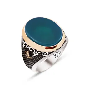 Green Agate Stone Ellipse Silver Men’s Ring Siding Bush Pattern and Dimond Pattern and Ottoman Tughra