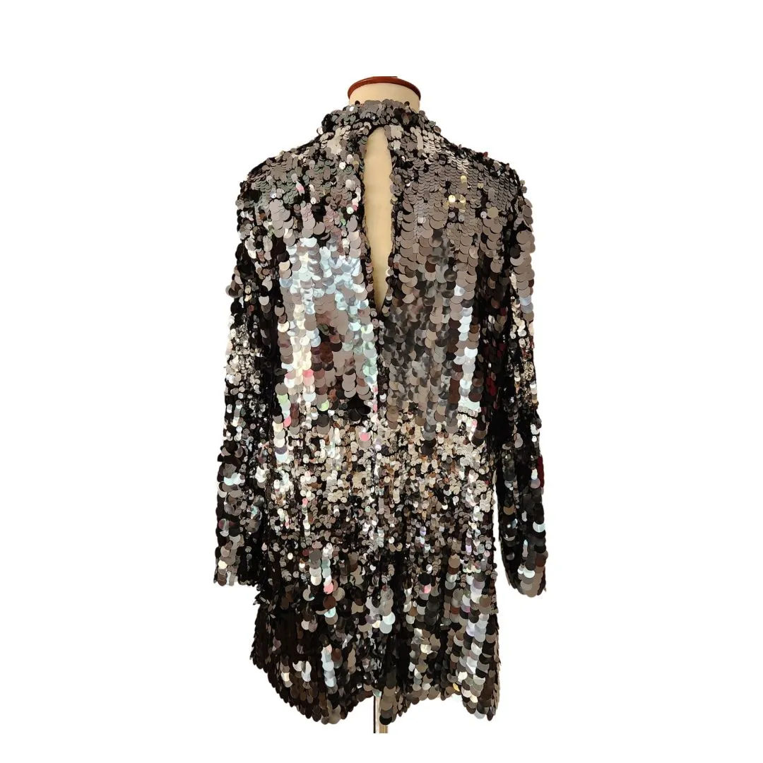 H&M Silver Sequins Long Sleeve Short Dress | Like New |