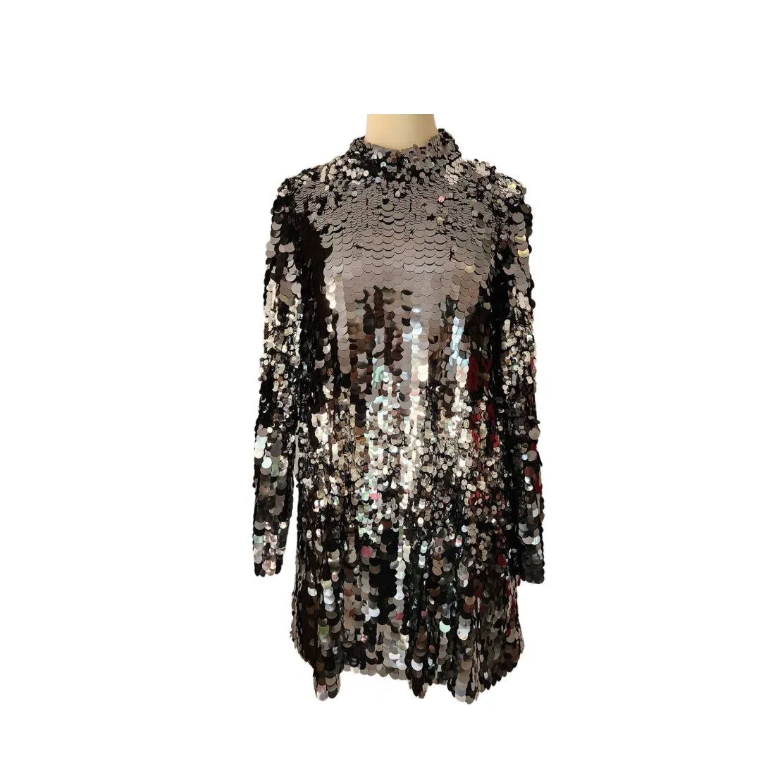 H&M Silver Sequins Long Sleeve Short Dress | Like New |