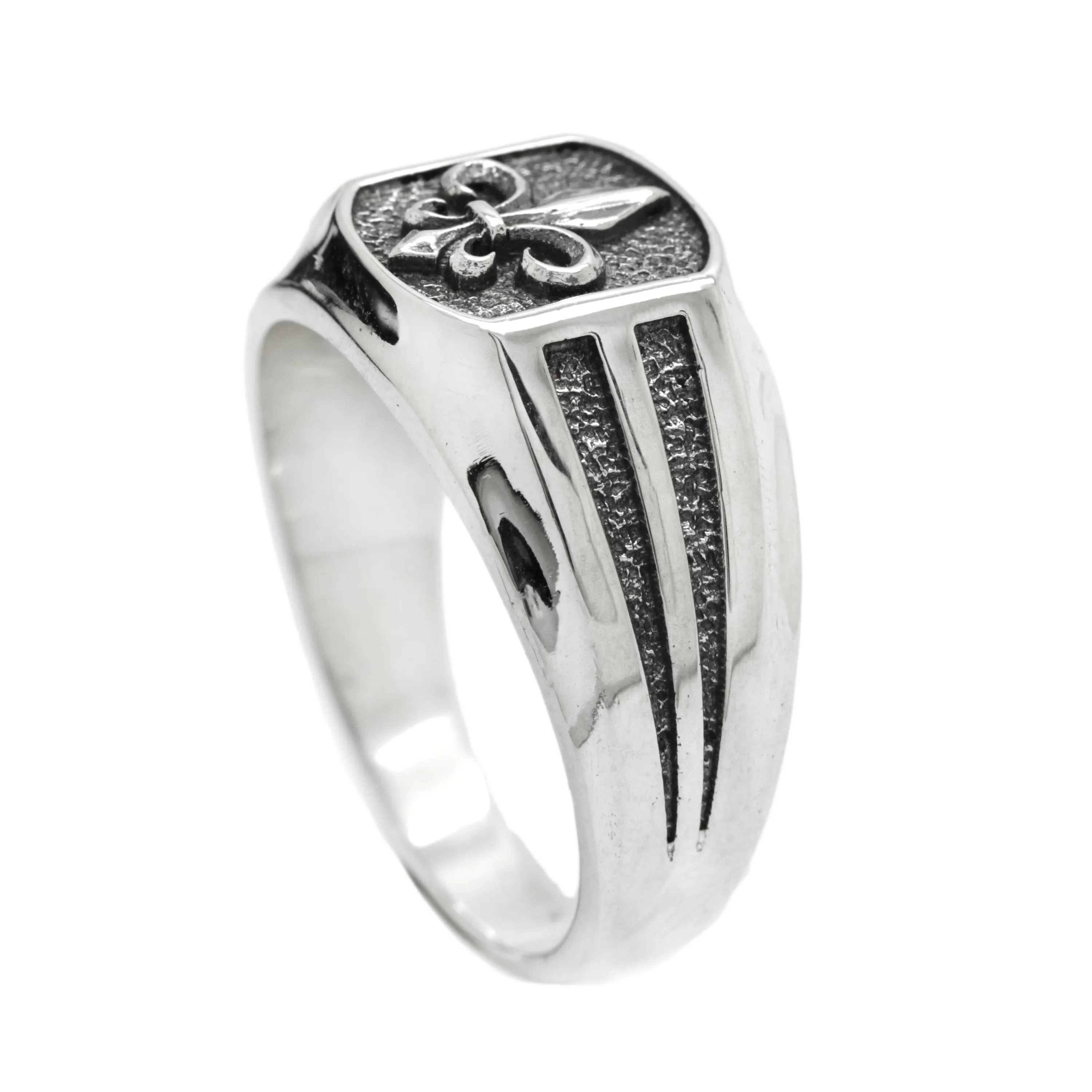 Heraldic Lily Fleur-de-lis Mens Signet Sterling Silver Ring