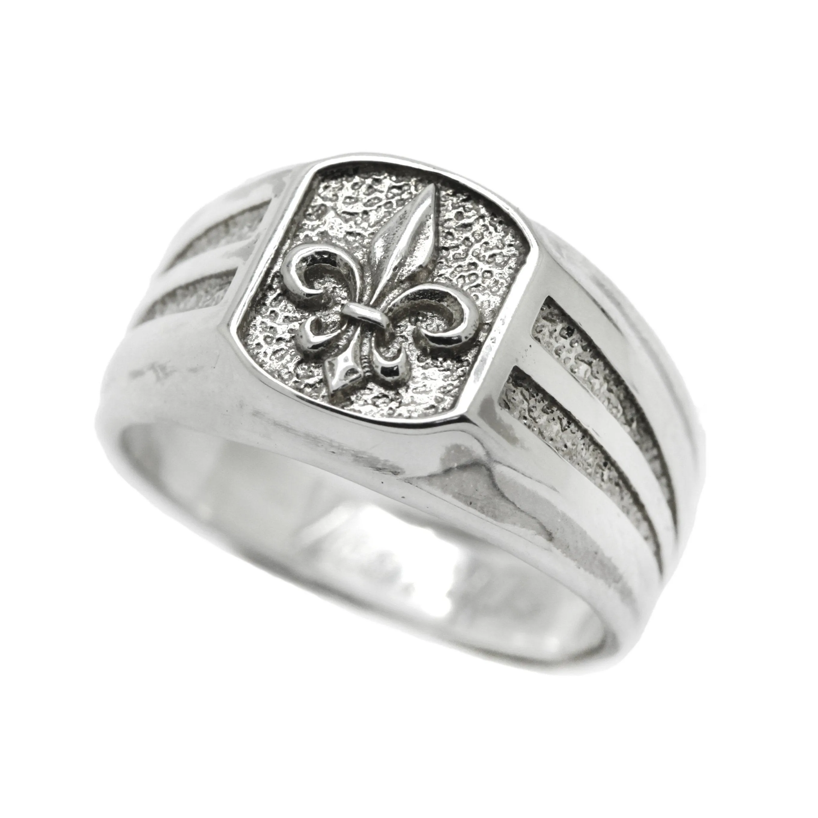 Heraldic Lily Fleur-de-lis Mens Signet Sterling Silver Ring