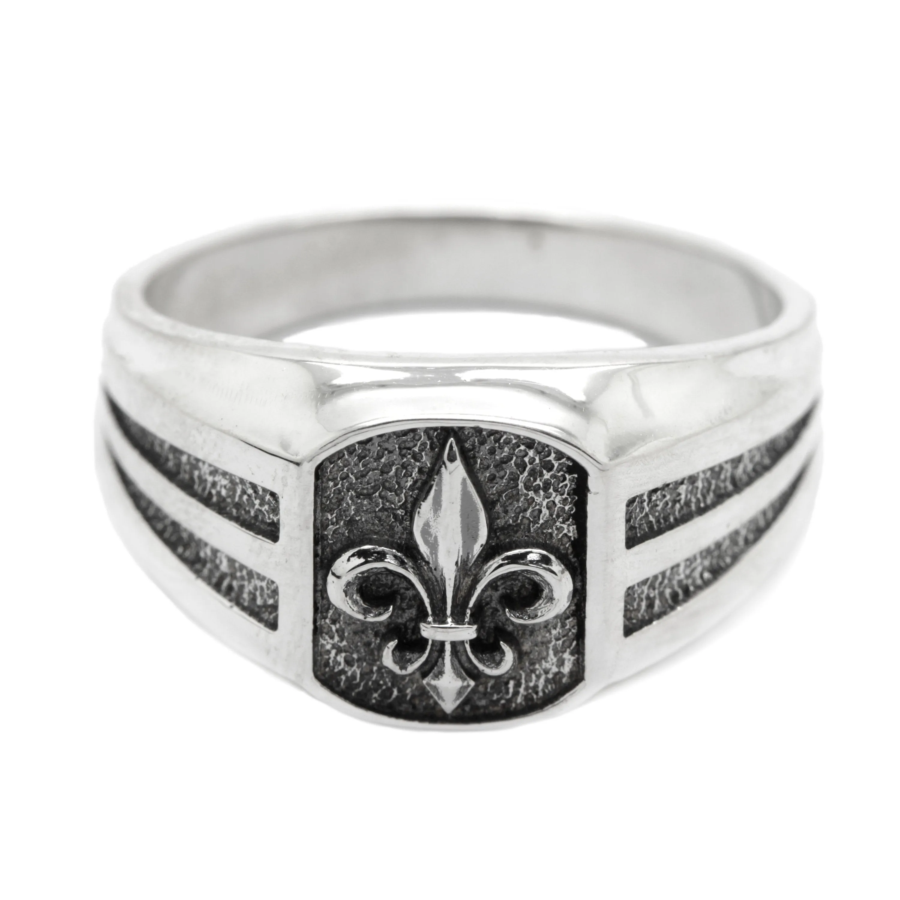 Heraldic Lily Fleur-de-lis Mens Signet Sterling Silver Ring