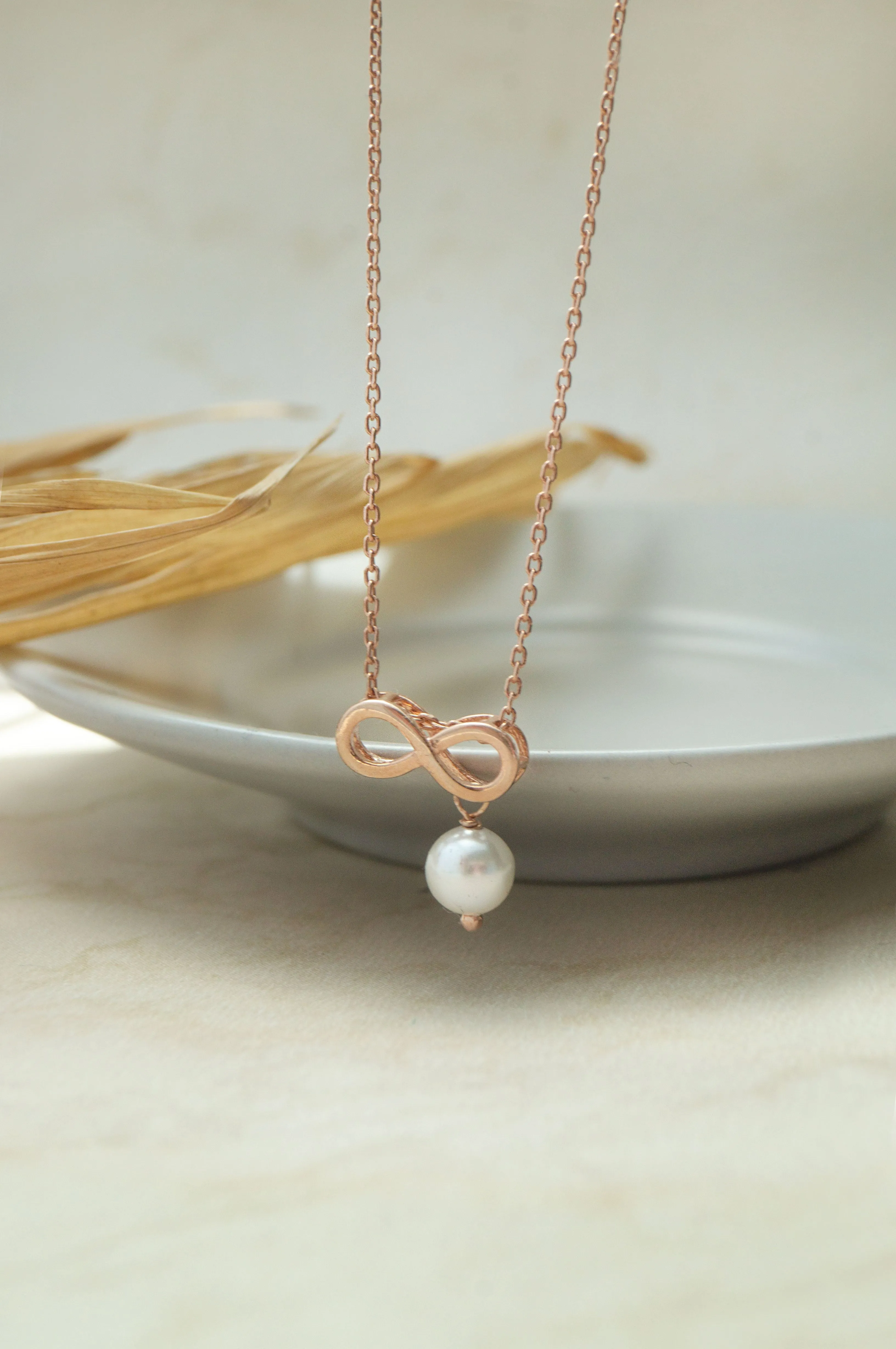 Infinity Love With Pearl Rose Gold Plated Sterling Silver Charm Pendant With Chain