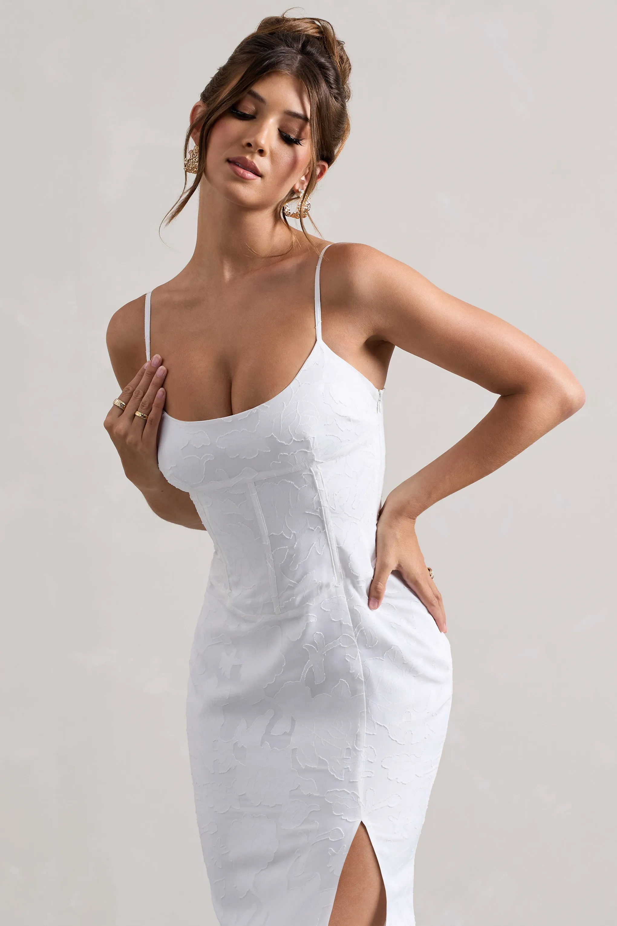 Intimacy | White Lace Corset Split Maxi Dress