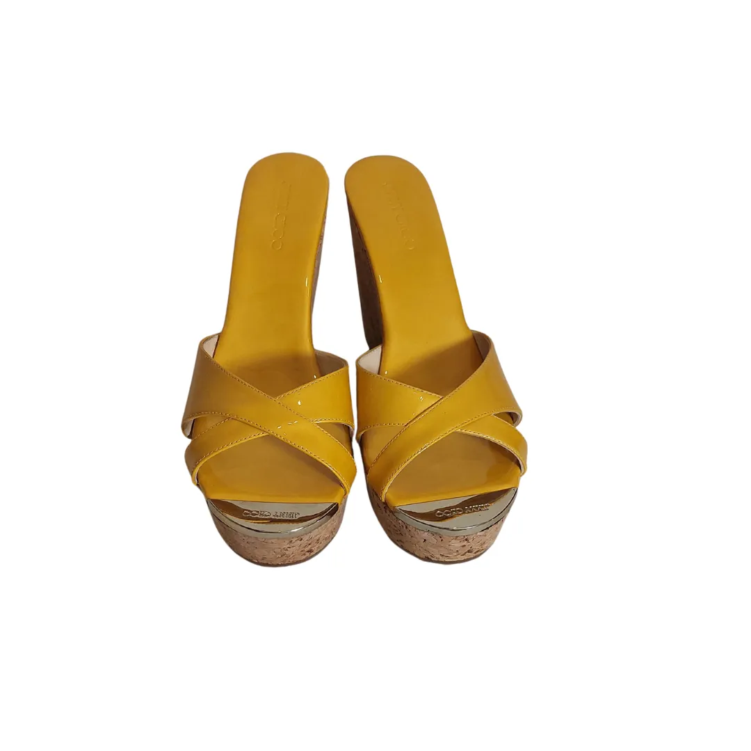 Jimmy Choo Yellow Patent Leather 'Pandora' Cork Wedges | Brand New |