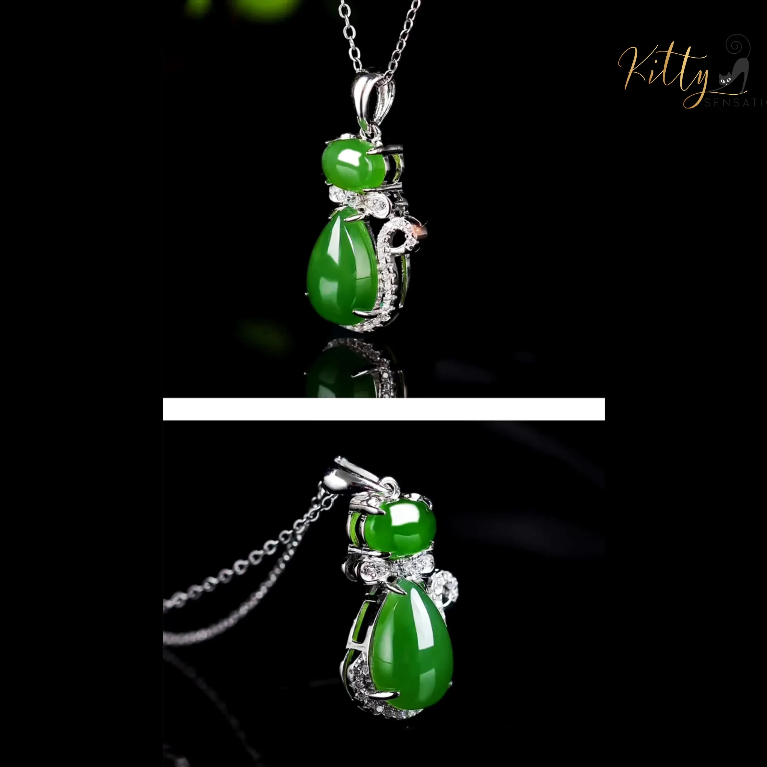 Natural Chrysoprase Cat Necklace in Solid 925 Sterling Silver