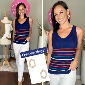 Navy Multicolor Stripes Black Knit Tank Top with FREE EARRINGS