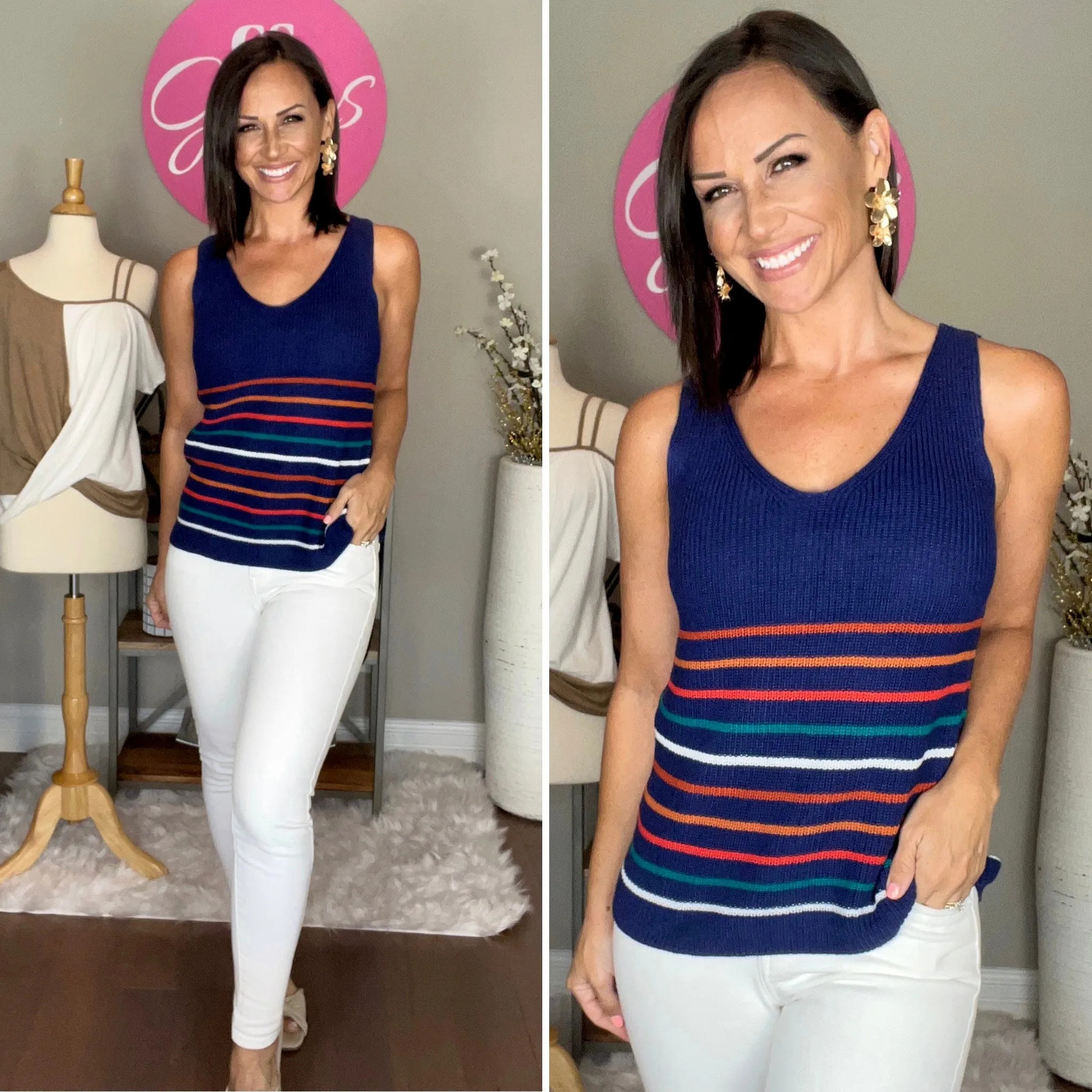 Navy Multicolor Stripes Black Knit Tank Top with FREE EARRINGS