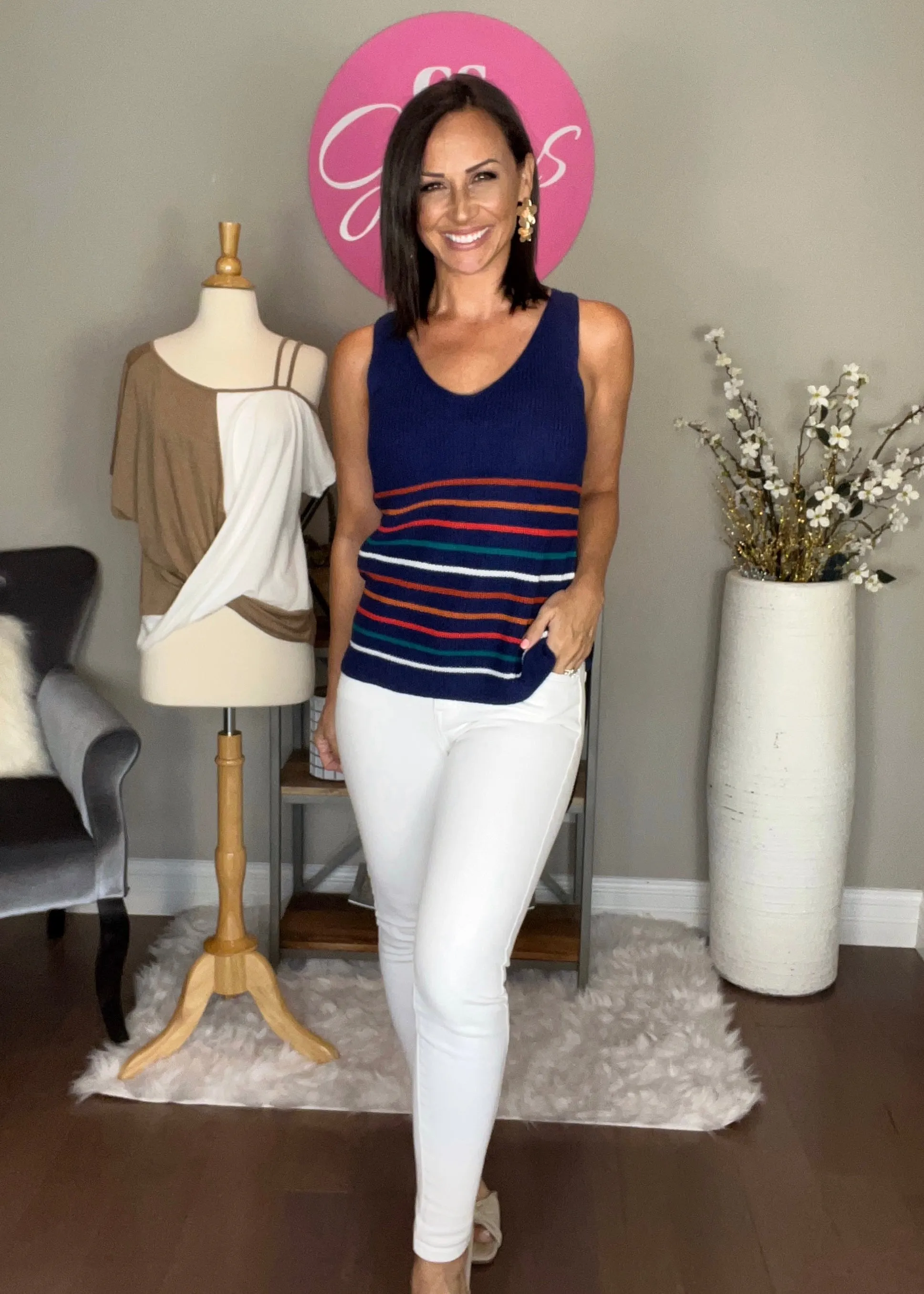 Navy Multicolor Stripes Black Knit Tank Top with FREE EARRINGS