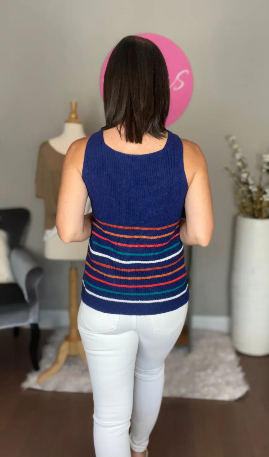 Navy Multicolor Stripes Black Knit Tank Top with FREE EARRINGS