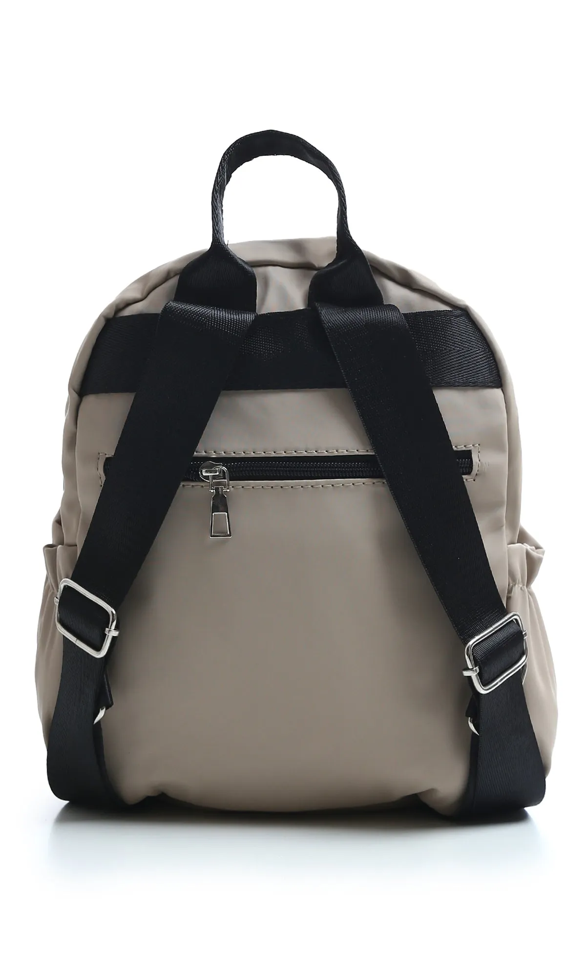 O181040 Solid Zipped Backpack With Outer Pocket - Beige