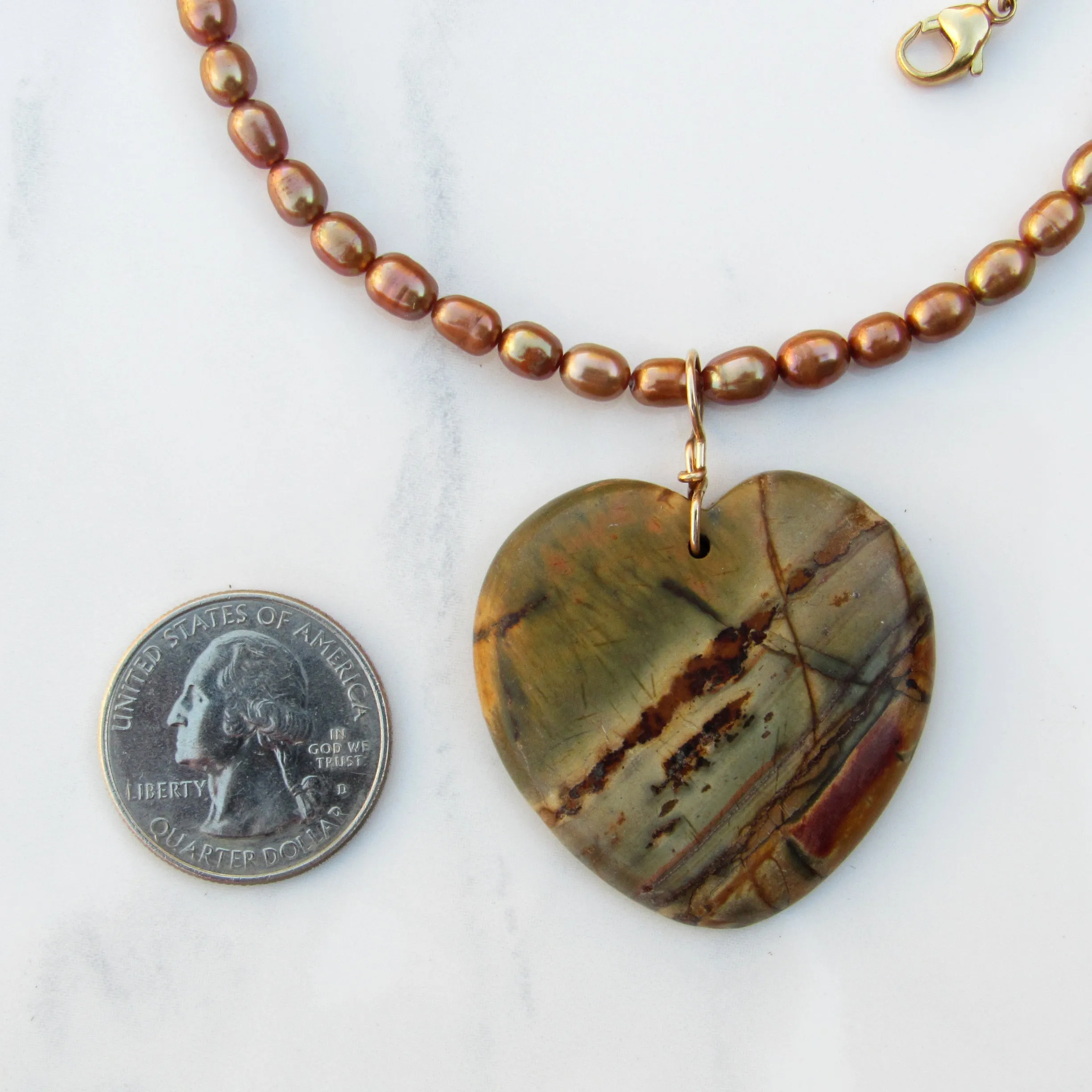 Picasso Jasper gemstone Heart on genuine Pearls necklace