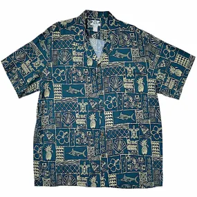 Polynesian Block Print Retro Vintage Style Hawaiian Shirt -Teal Green