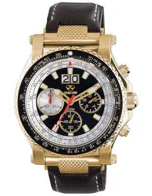 Reactor Mens Valkyrie Flight Chrono - Black Dial - Gold-Tone Steel - Leather