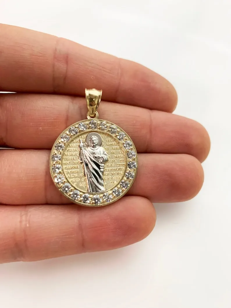 Saint Jude Pendant Necklace for Prayer Medal with CZ Diamonds