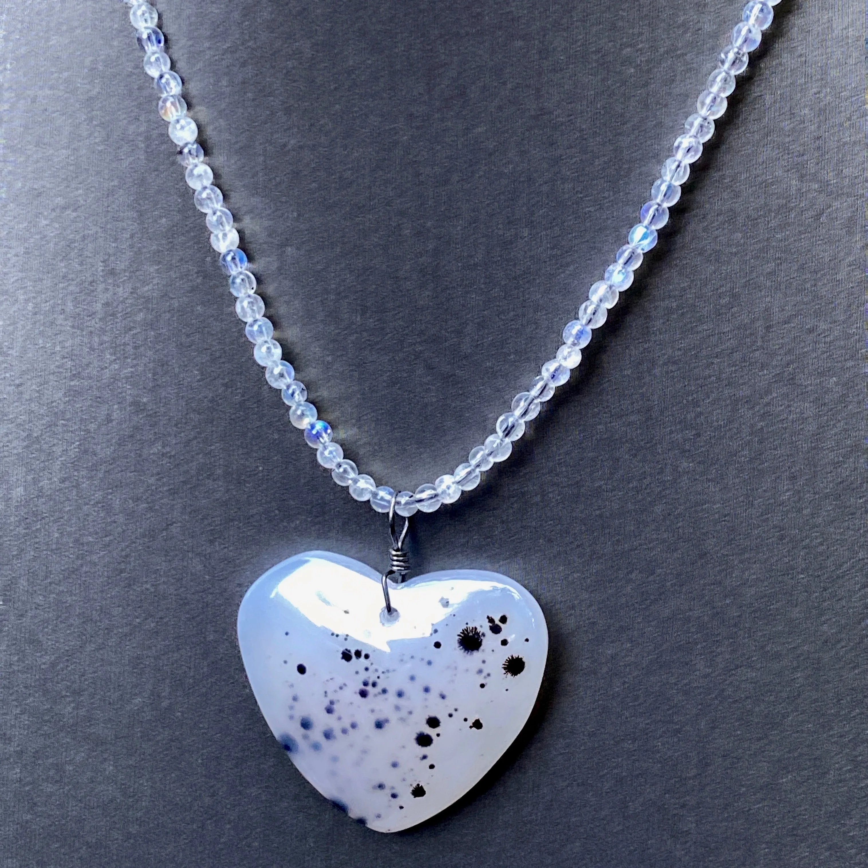 Scenic Dendritic Agate Heart Pendant on Moonstones and Oxidized Sterling Silver