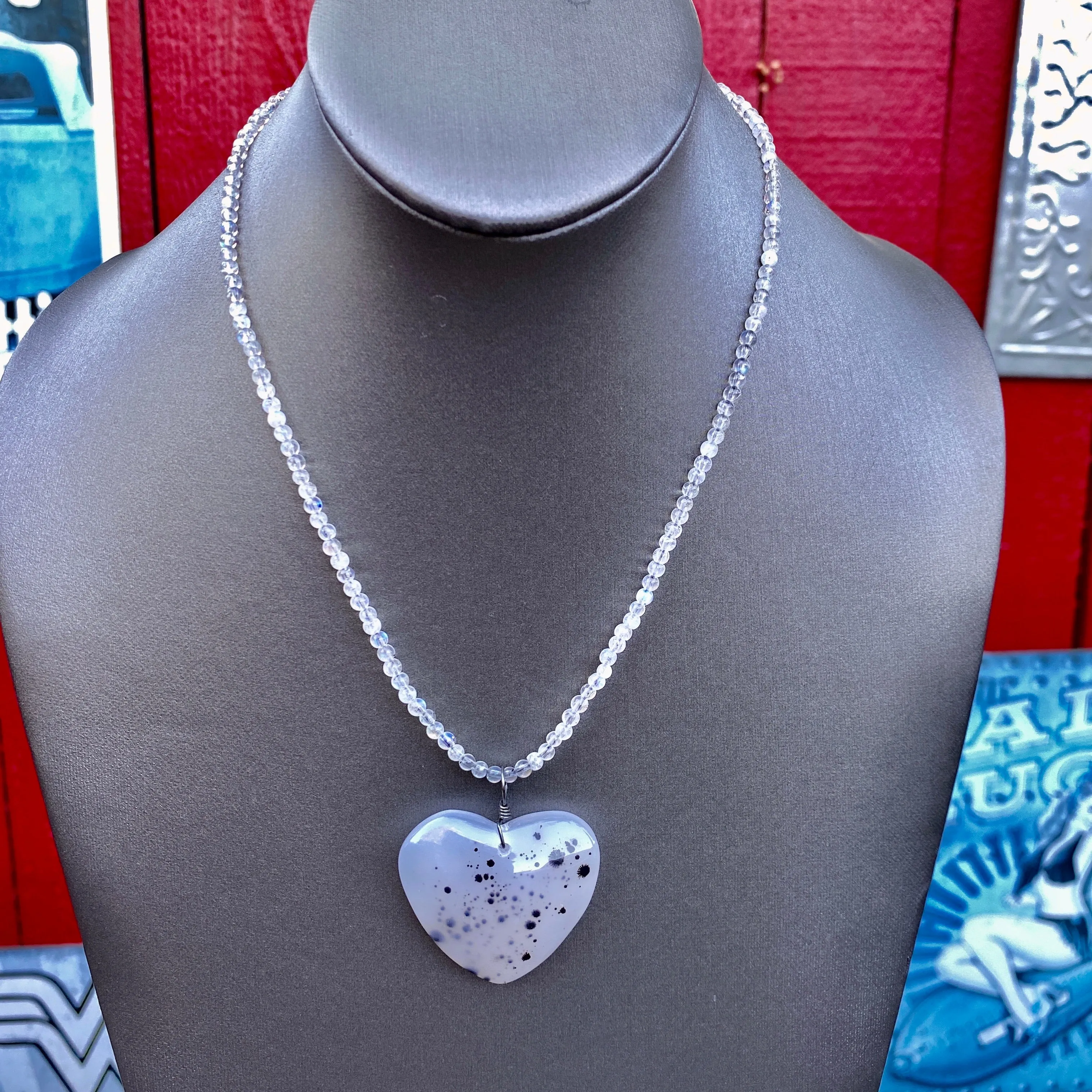 Scenic Dendritic Agate Heart Pendant on Moonstones and Oxidized Sterling Silver