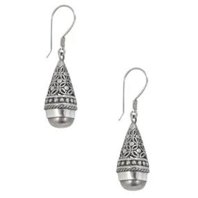 Silver Filigree and Black Pearl Drop Earrings