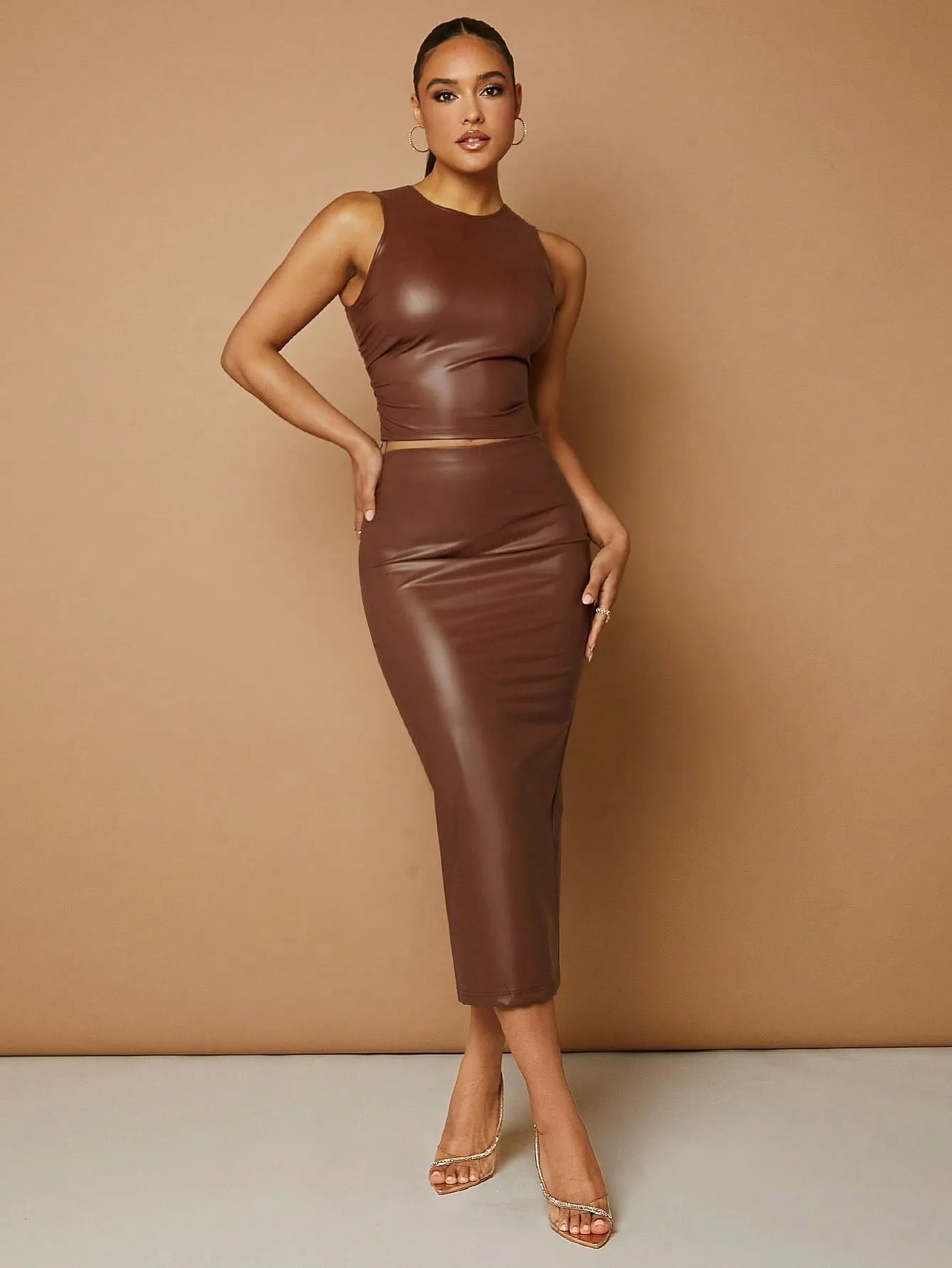 Solid PU Leather Tank Top & Pencil Skirt