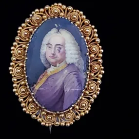 The Houlton - Georgian Porcelain Portrait of a Gentleman 14k Gold Cannetille Brooch