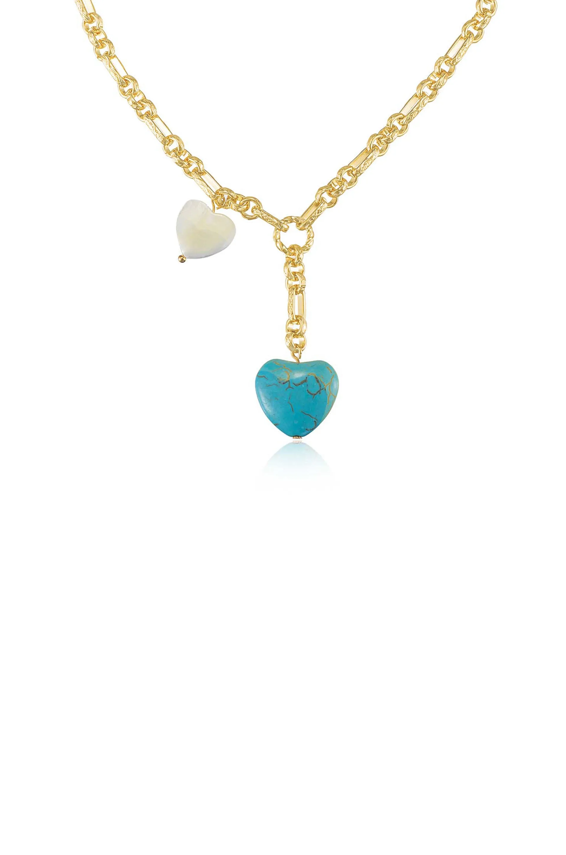 Turquoise and Pearl Heart Linked Chain Lariat