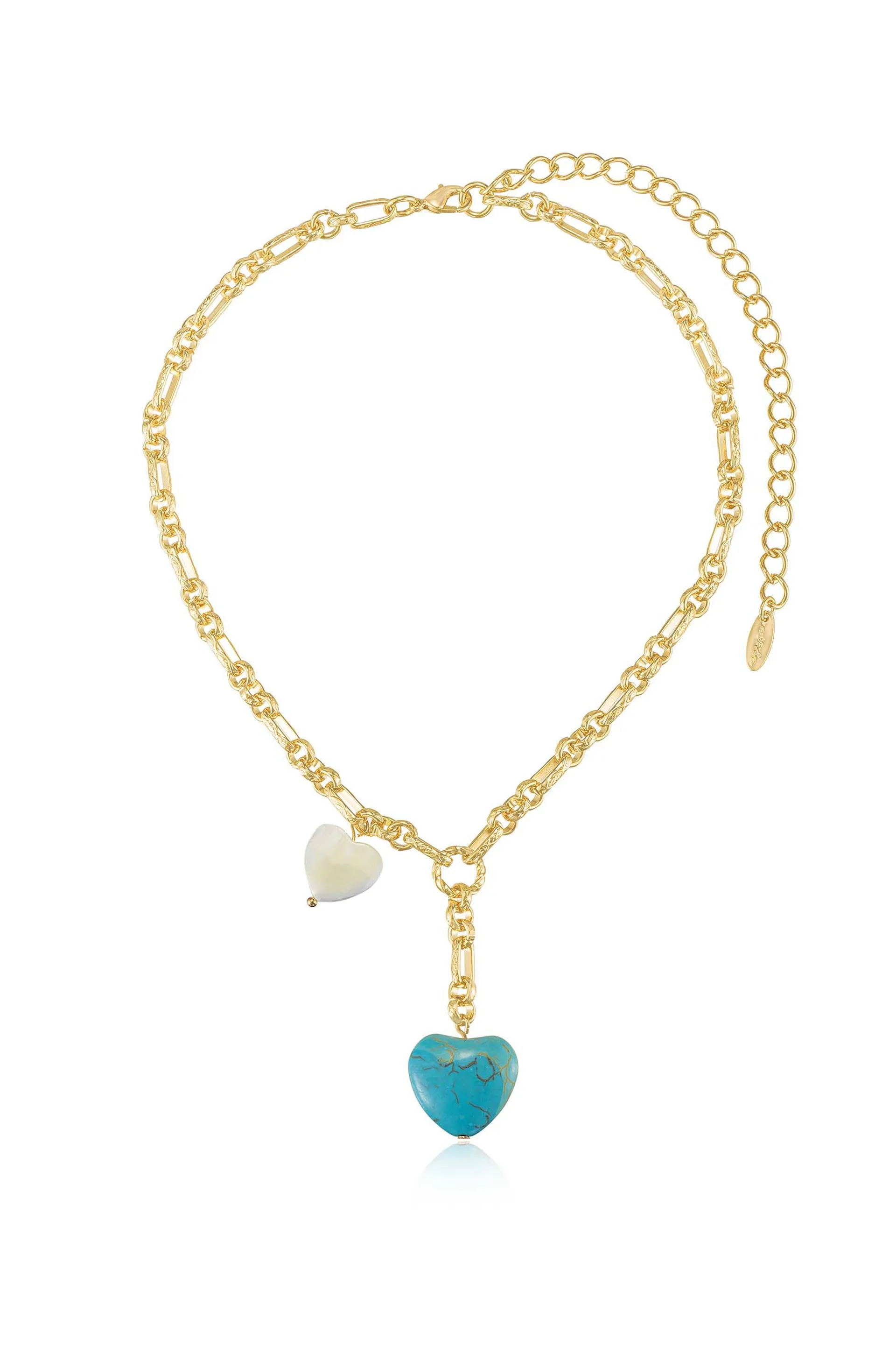 Turquoise and Pearl Heart Linked Chain Lariat