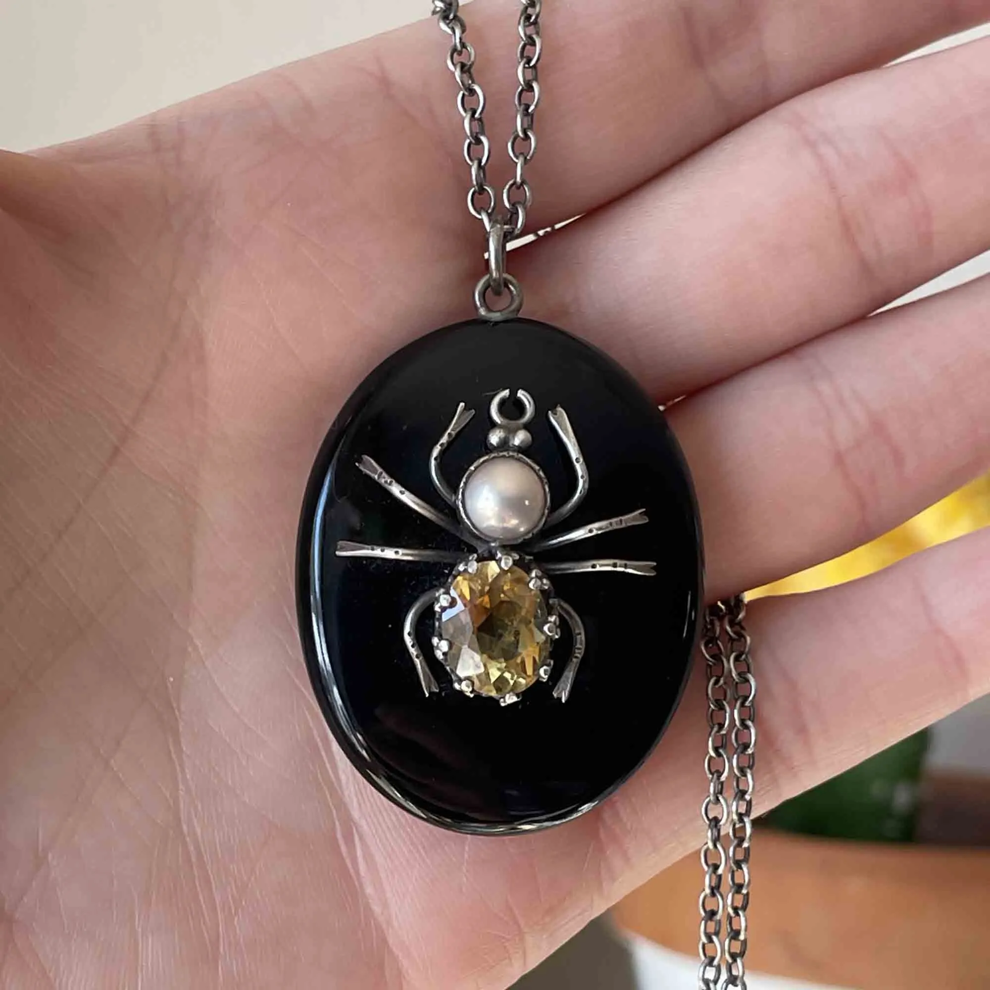 Victorian Citrine Spider French Jet Locket Necklace