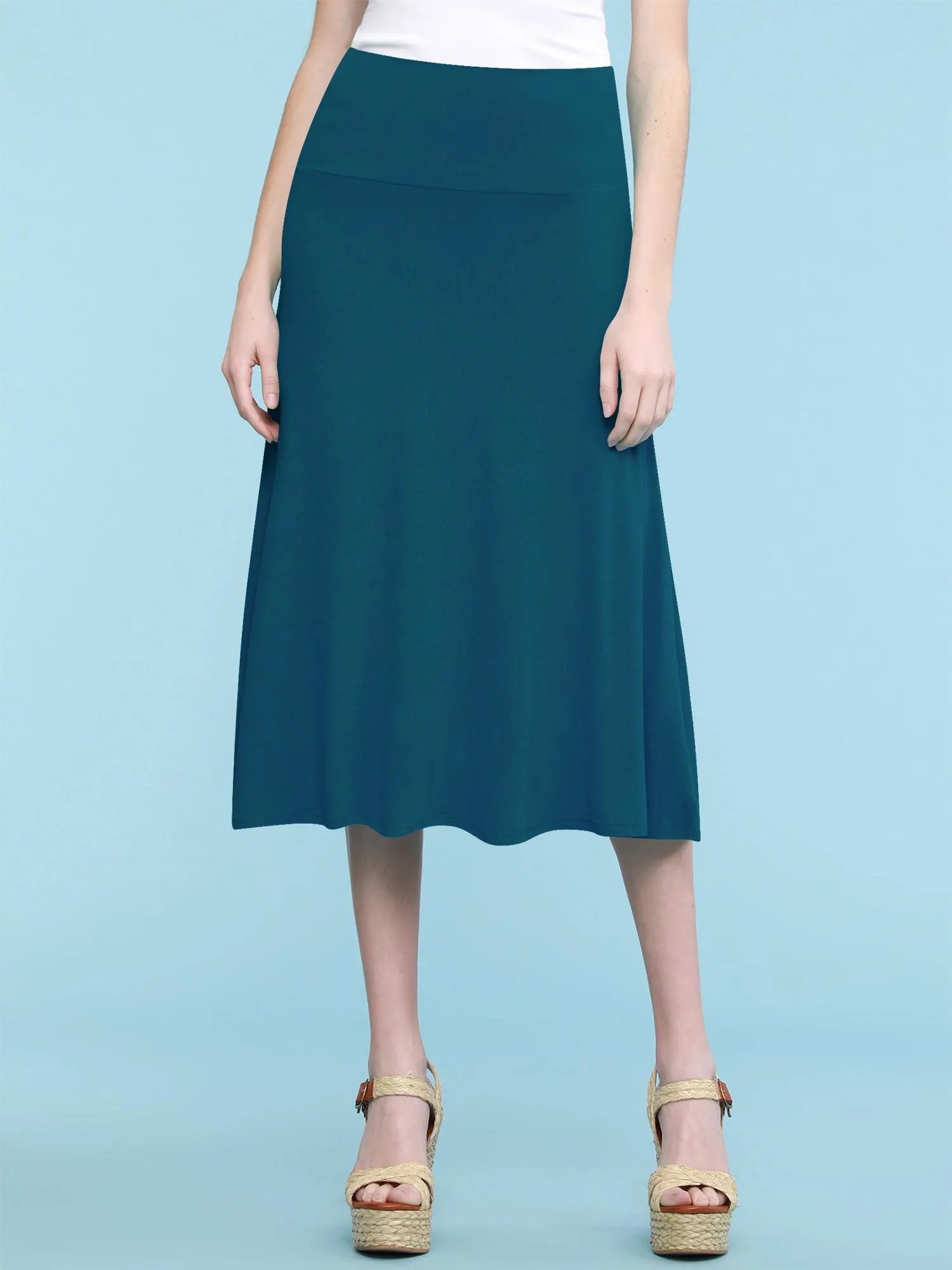 Women's Solid Lightweight Flare Midi Pull On Skirt