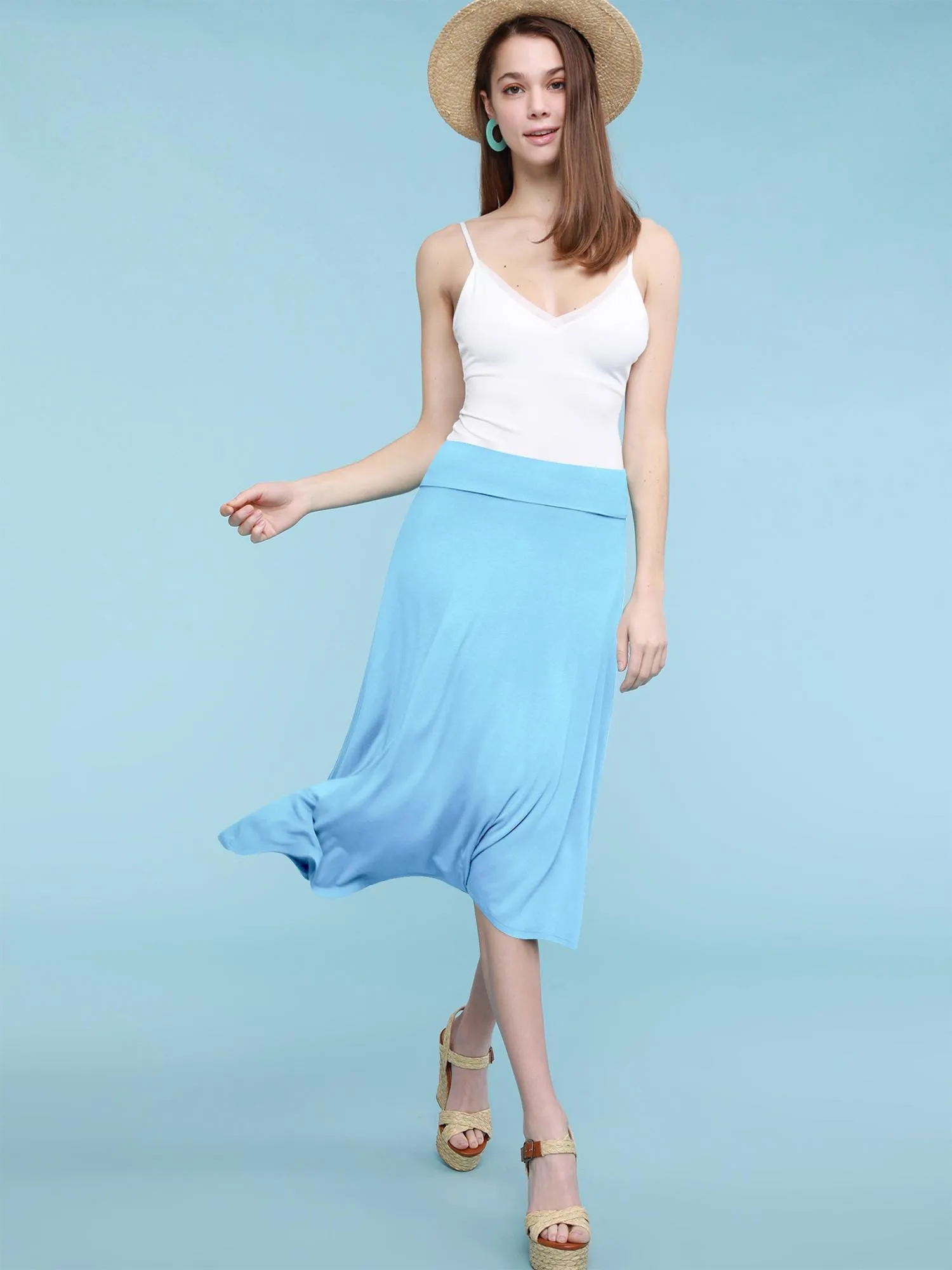 Women's Solid Lightweight Flare Midi Pull On Skirt