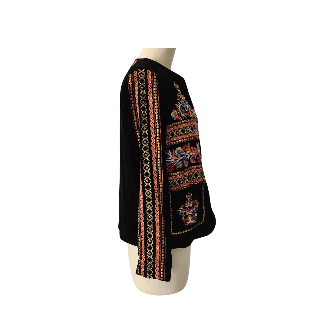 ZARA Black Velvet Multicolour Embroidered Open Jacket | Gently Used |